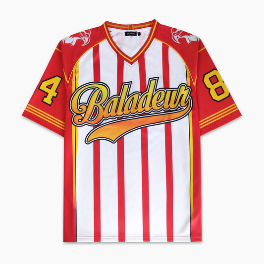 Red and white striped jersey with 'Baladeau' branding on a white background