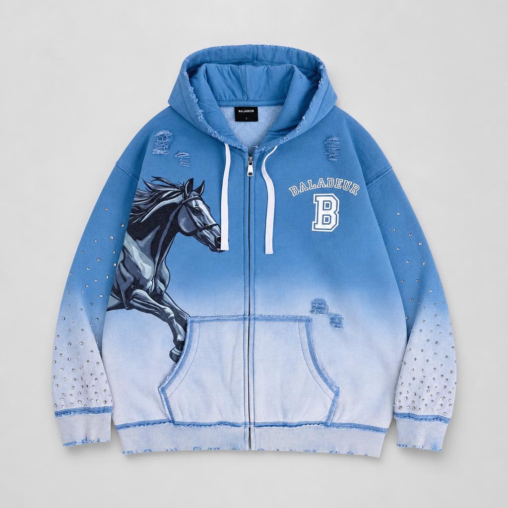 Baladeur Horse Keep Going Hoodie – Blue Gradient Equestrian Graphic