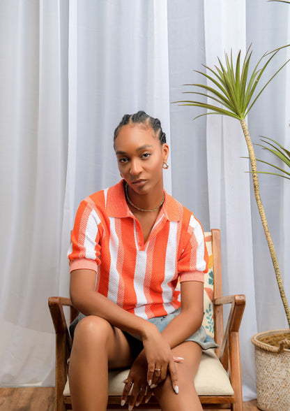 Men Stripe Knit Shirt - Orange