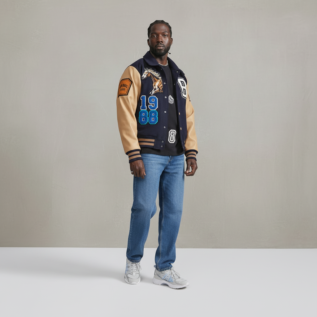 Man wearing Baladeur and Kwame Appiah collaboraton varsity jacket with patches and jeans on a plain background