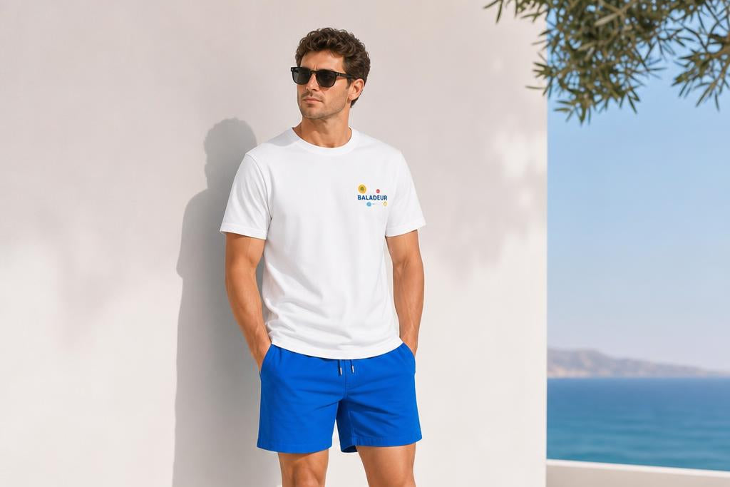 A man wearing a white BALADEUR short-sleeve t-shirt with a small blue and yellow logo on the left chest, paired with bright blue shorts and beige sneakers, standing against a white wall with a sea view in the background.