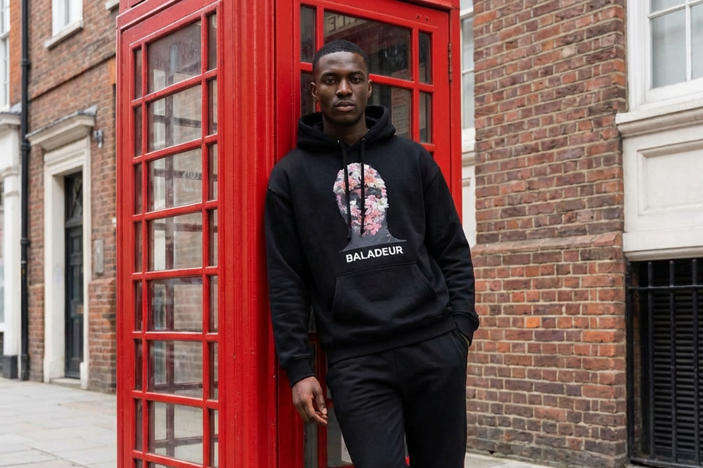 Man wearing a black BALADEUR flower balaclava hoodie with a graphic design and text, standing next to a red telephone booth on a city street.